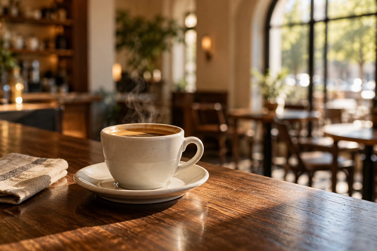Ambiance fictive : tasse de café sur un comptoir en bois dans la lumière du matin